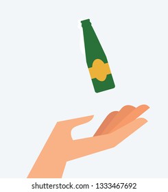 Vector illustration of a hand and beer bottle. Drinking Concept. Alcohol drink design