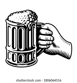 A vector illustration of a hand with a big glass of beer on white background.