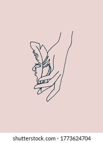 
Vector Illustration Of A Hand With A Bird Feather. Line Drawing Isolated On Pink Background. Symbol Of Body Care, Skin Care.