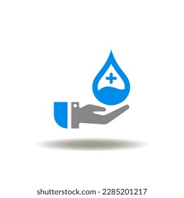 Vektorgrafik von Hand und Blutabfall mit Gesundheitskreuz. Symbol für Blutspende und Spender. Symbol der Blut-und Plasma-Transfusion.