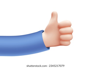 Vector illustration of hand in blue sleeve gesture thumb up sign good on white color background. 3d style emoji design of man white skin hand for web, banner, poster, print