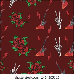 Vector Illustration of Hand Bones, Guitars and Roses with Hand Drawing Style Available for Pattern