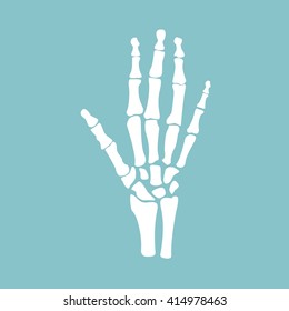 Vector illustration hand bones isolated on blue background. Orthopedic human hand skeleton icon. Diagnostic center