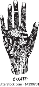  vector illustration of a hand with botanical elements inside inspiring to creativity