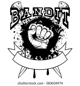 Vector illustration hand with brass knuckle on crossed knifes and grunge background. Inscription bandit. For tattoo or t-shirt design.