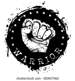 Vector illustration hand with brass knuckle on grunge background. Inscription warrior. For tattoo or t-shirt design.