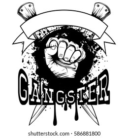 Vector illustration hand with brass knuckle on crossed knifes and grunge background. Inscription gangster. For tattoo or t-shirt design.
