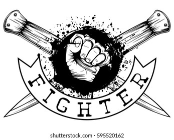 Vector illustration hand with brass knuckle on crossed knifes and grunge background. Inscription fighter. For tattoo or t-shirt design.