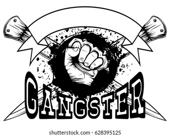Vector illustration hand with brass knuckle on crossed knifes and grunge background. Inscription gangster. For tattoo or t-shirt design.