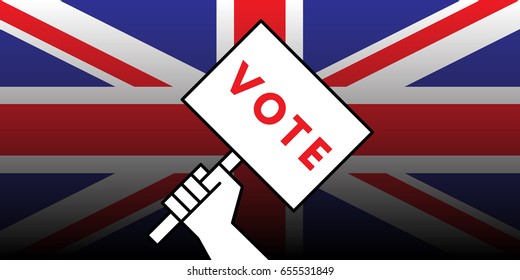 Vector illustration of hand of british voter holding sign featuring the word vote encouraging citizens to participate in the upcoming United Kingdom general election.