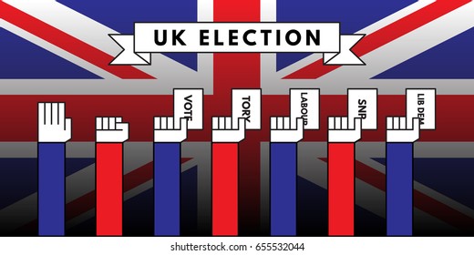 Vector illustration of hand of british voter holding voting ballot featuring the word tory, labour, SNP and Lib Dem representing different political party in upcoming United Kingdom general election.