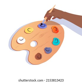 Vektorgrafik der Hand mit Pinsel und Farbpalette einzeln auf weißem Hintergrund.