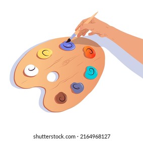 Vector illustration of hand with brush and paint palette isolated on white background.