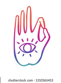 Vector illustration of a hand in a buddhist gesture with eye symbol. Freehand icon for meditation, yoga, esoteric, spiritual concept or logo design. Hand drawn element with vivid lines.