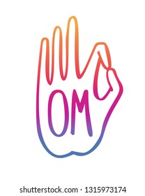 Vector illustration of a hand in a buddhist gesture with Om. Freehand icon for meditation, yoga, esoteric, spiritual concept or logo design. Hand drawn element with vivid lines.