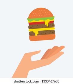 Vector illustration of a hand and burger. Food and Eating Concept. Feeding and Helping Design