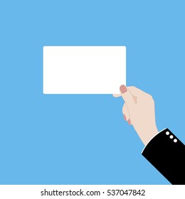 Vector illustration of a hand with business card on blue