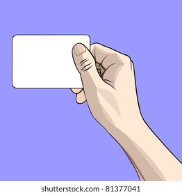 Vector Illustration Of A Hand With Business Card On Blue