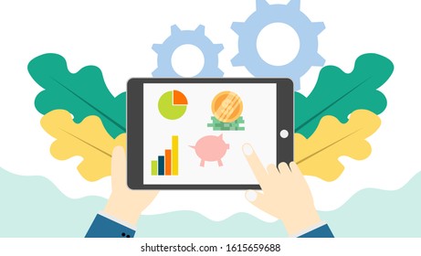 Vector Illustration Hand of businessman hold tablet and touch for check profits and income flat style