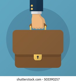 Vector illustration. Hand of businessman or manager in a suit holding a brown briefcase. Design element for your stickers, card, posters, emblems, web design