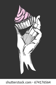 Vector illustration of a hand with cake in hand drawn comik book style on dark background.