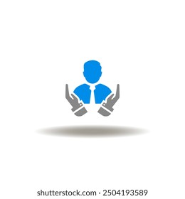 Vector illustration of hand care holding man. Icon of customer retention. Symbol of client acquisition.