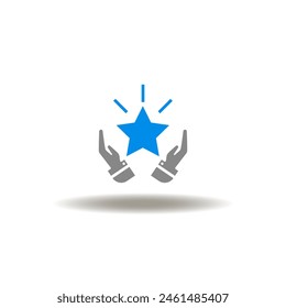 Vector illustration of hand care palm with shining star. Icon of core values. Symbol of feedback, review, rating.