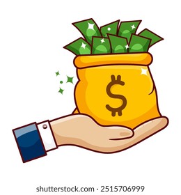 Vector Illustration of Hand Carrying Money Bag, Giving Concept