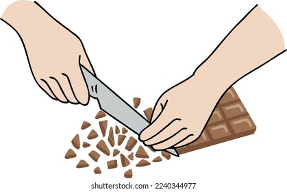 Ilustración vectorial de una mano tallando una barra de chocolate
