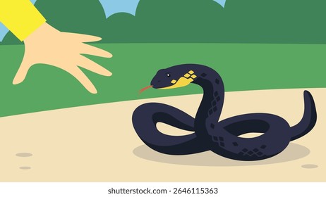 Vector illustration of a hand catching a black snake in a park.