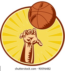 Vector Illustration Of A Hand Catching ,throwing And Rebounding Basketball Ball Done In Retro Woodcut Style Set Inside Circle With Sunburst In Background.