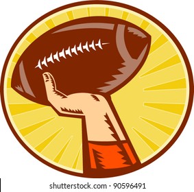 Vector Illustration Of A Hand Catching ,throwing American Football Ball Done In Retro Woodcut Style Set Inside Circle With Sunburst In Background.