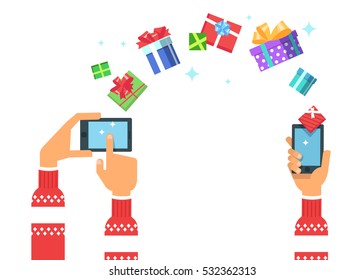 Vector illustration of a hand in christmas winter clothes holding a phone gadget gives Christmas gifts box or get gifts presents. Concept of online shopping in flat style icon on white background