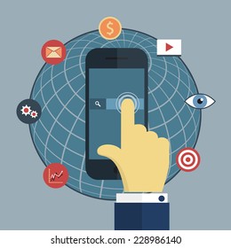 Vector illustration of hand click on screen smart phone, internet icons and planet sphere. EPS 8. click on the screen mobile phone. vector eps10