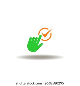 Vector illustration of hand click tick mark. Symbol of approval. Icon of certified quality. Sign of select checkbox.