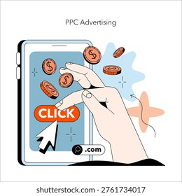Vector illustration of a hand clicking a PPC advertising button on a smartphone screen with floating coins. Ideal for concepts related to online marketing, pay-per-click, and digital advertising.