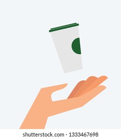 Vector illustration of a hand and coffee paper cup. Drinking Concept. 