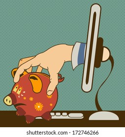 Vector illustration of a hand coming from a computer monitor and stealing a piggy bank - computer thief serial.