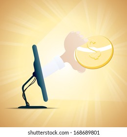 Vector illustration of hand coming out from a computer monitor grabbing a gold dollar coin.