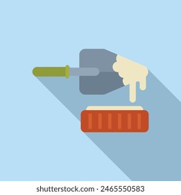 Ilustración vectorial de una mano con una pala de construcción y ladrillo, sobre un fondo azul