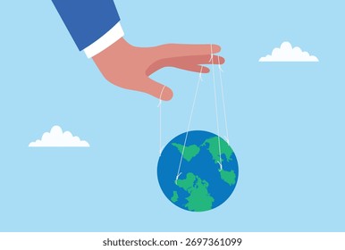 Ilustração vetorial de uma mão controlando a terra como um boneco com cordas, simbolizando influência global, manipulação ou controle sobre o mundo
