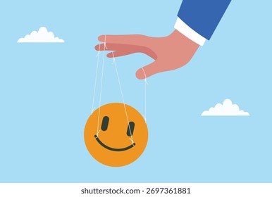 Ilustração vetorial de uma mão controlando um emoji de rosto sorridente com cordas como um fantoche, simbolizando manipulação, controle, gerenciamento de feedback e influência emocional na comunicação