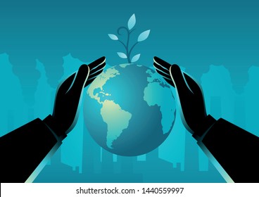 Vector illustration of hand covering planet earth with young plant from factory pollution. Earth day. Save the earth concept