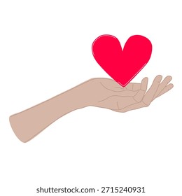 Ilustración vectorial de una mano acunando un corazón rojo. Simbolizando la inteligencia emocional, la autocompasión y la Asistencia de la salud mental. Arte minimalista para terapia psicológica.