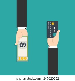 Vector Illustration Of Hand With Credit Card And Cash For Your Design