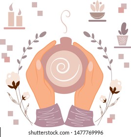 Vector illustration of a hand with a cup of tea and coffee, time to drink hot drinks, enjoy comfort, Scandinavian style