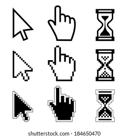 Vector illustration hand cursor hourglass. Black and white illustration 