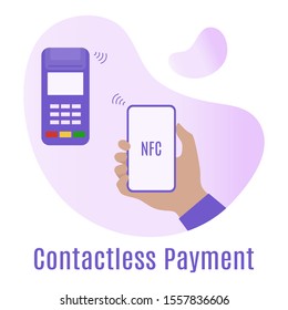 Vector illustration Hand of customer using terminal for wireless or contactless payment with smartphone. Contactless payment concept. Accept payment by nfc technology. Design for banner, poster, print