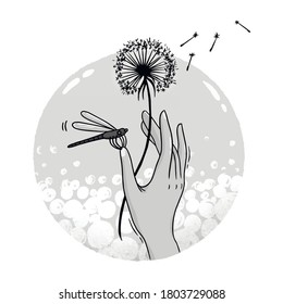 Ilustración vectorial de la mano con diente de león y libélula