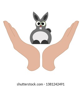 Vector illustration of a hand in a defensive gesture protecting a rabbit. Symbol of animal, farm,hare, humanity, care, protection, veterinary.
